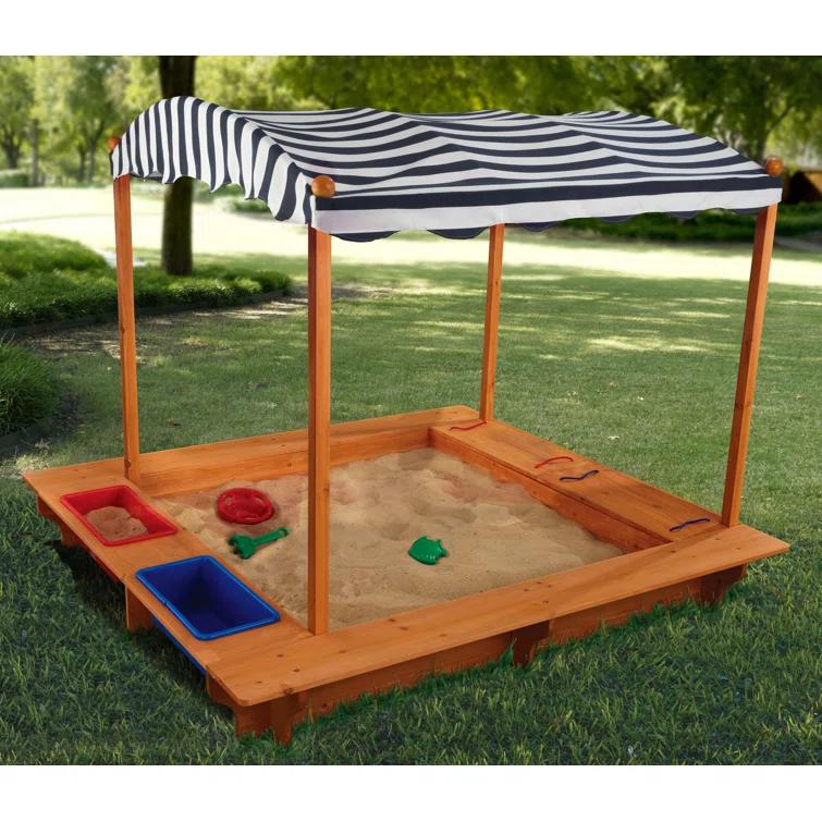 KidKraft Outdoor Covered Wooden Sandbox with Bins and Striped Navy & White Canopy