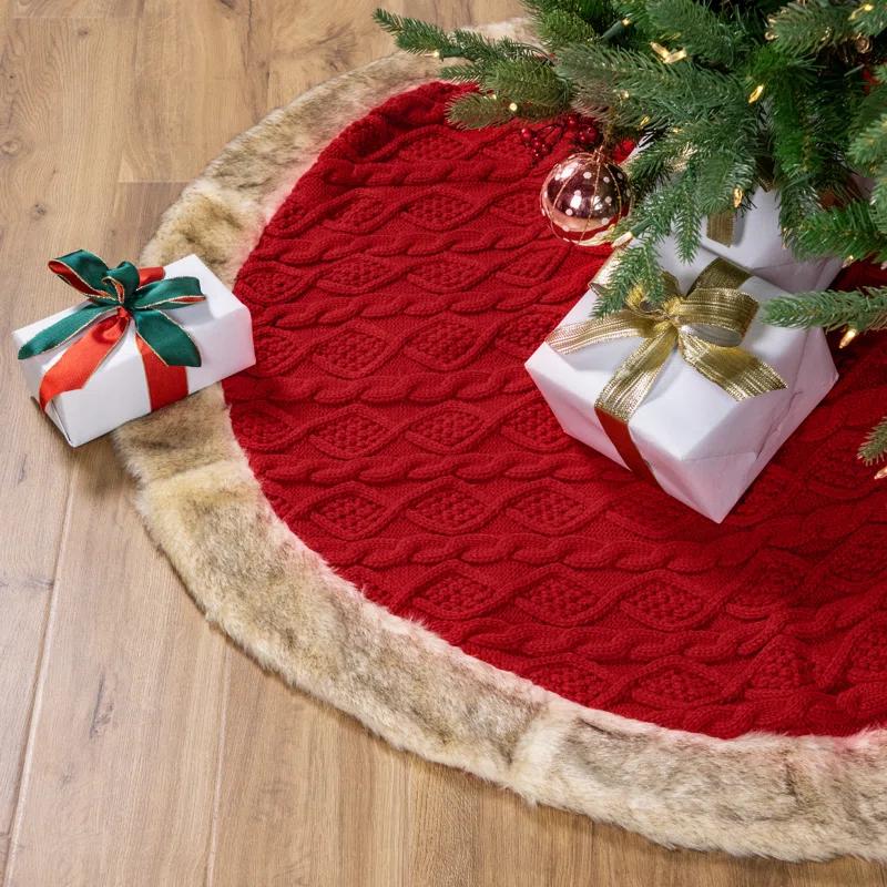 Northlight Seasonal Cable Knit Christmas Tree Skirt With Faux Fur Trim- 48" - Red