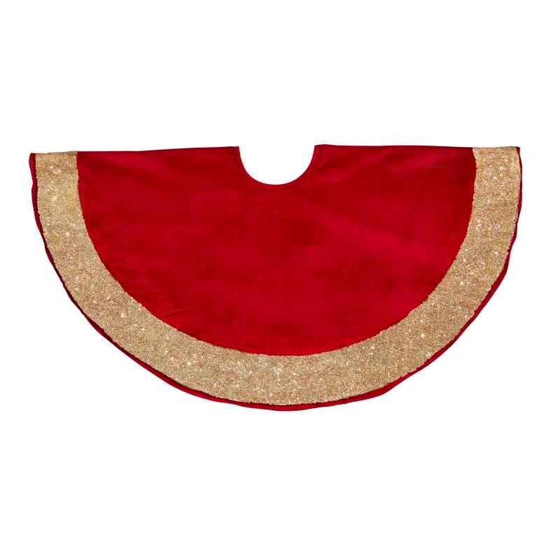 Arcadia Home Velvet Christmas Tree Skirt with Hand Beaded Gold Border