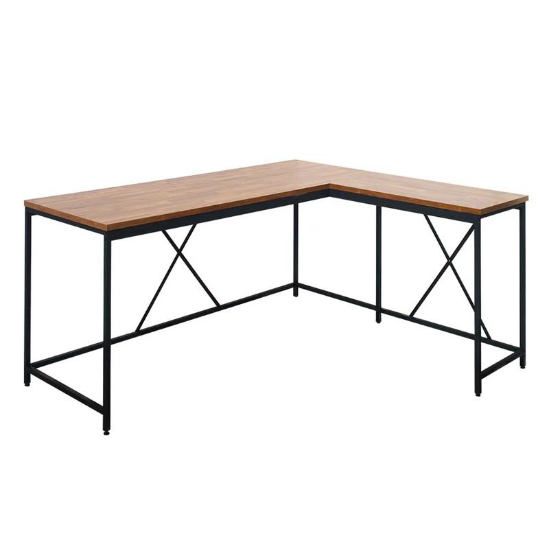 Benjara Posy Corner Desk, L Shaped Black Metal Frame, X Crossed, Wood Top