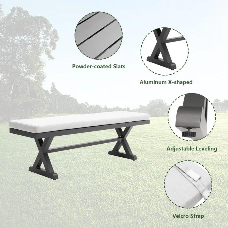 Rosalind Wheeler Outdoor Patio Bench with Cushion All Weather 63" Aluminum Benches Rectangular Dining Seating, Grey