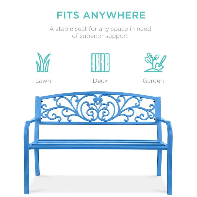 World Menagerie Outdoor Steel Bench with Floral Backrest & Slatted Seat, Marigold for Garden, Patio, Porch, Lawn, and Deck