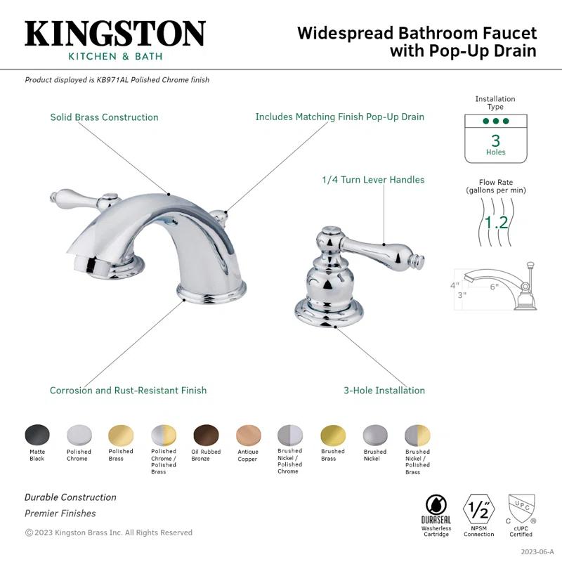 Kingston Brass Victorian Two-Handle 3-Hole Deck Mount Widespread Bathroom Faucet with Retail Pop-Up Drain