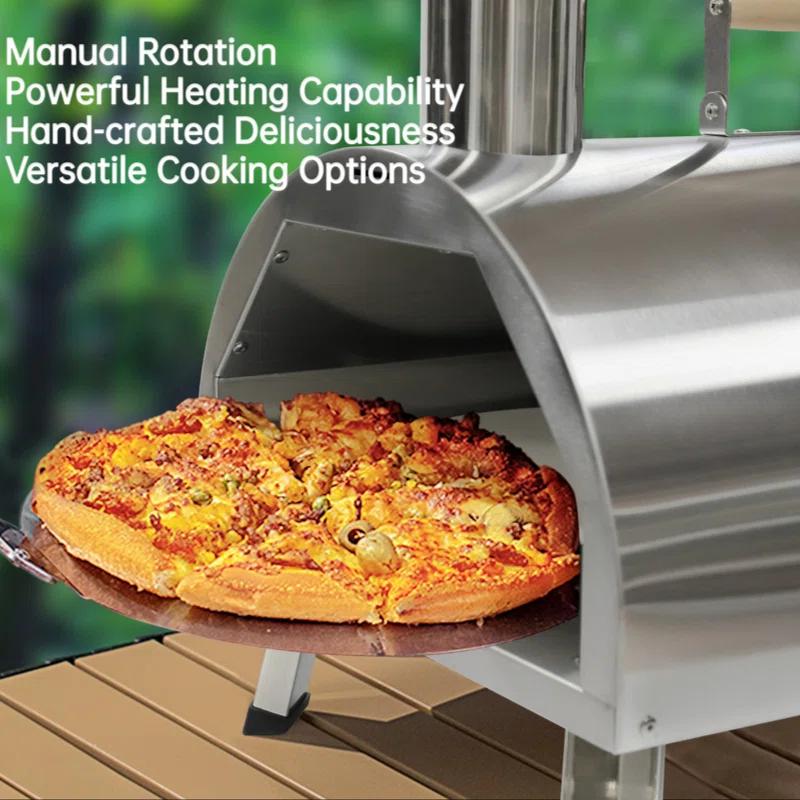 Builddecor Silver Pizza Oven Outdoor 12" Semi-Automatic Rotatable Pizza Ovens Portable Stainless Steel Wood Fired Pizza Oven Pizza Maker With Built-In Thermometer Pizza Cutter Carry Bag