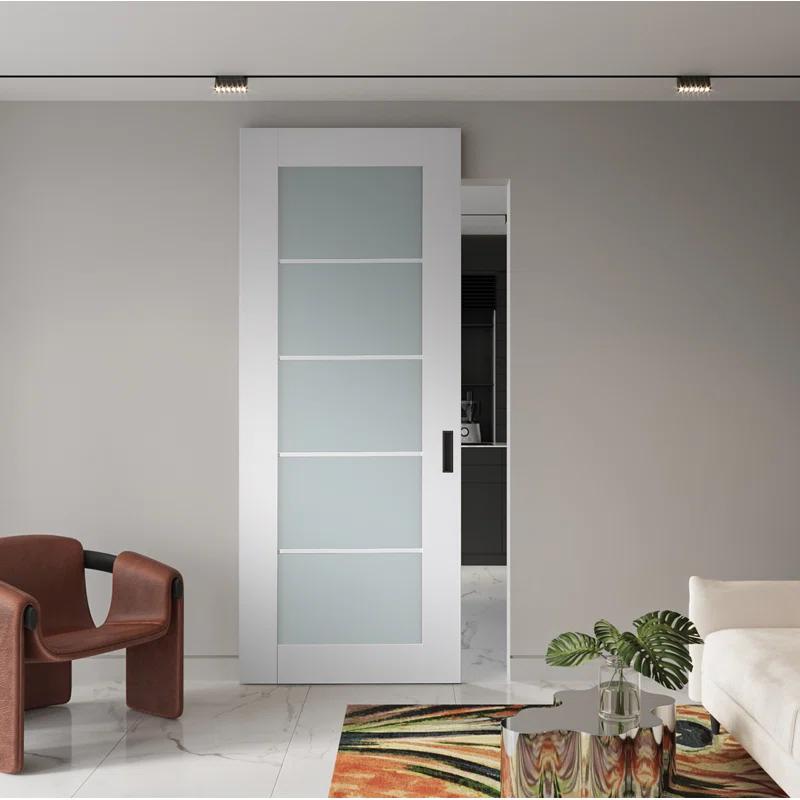 Belldinni Smart Pro 5 Lite Polar White Paneled Manufactured Wood And Frosted Glass Solid Core Interior Sliding Hidden Barn Door With Base Board With Installation Hardware Kit