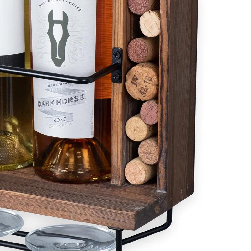 Rustic State 3 Bottle Solid Wood Wall Mounted Wine Bottle & Glass Rack in Dark Brown | Wayfair