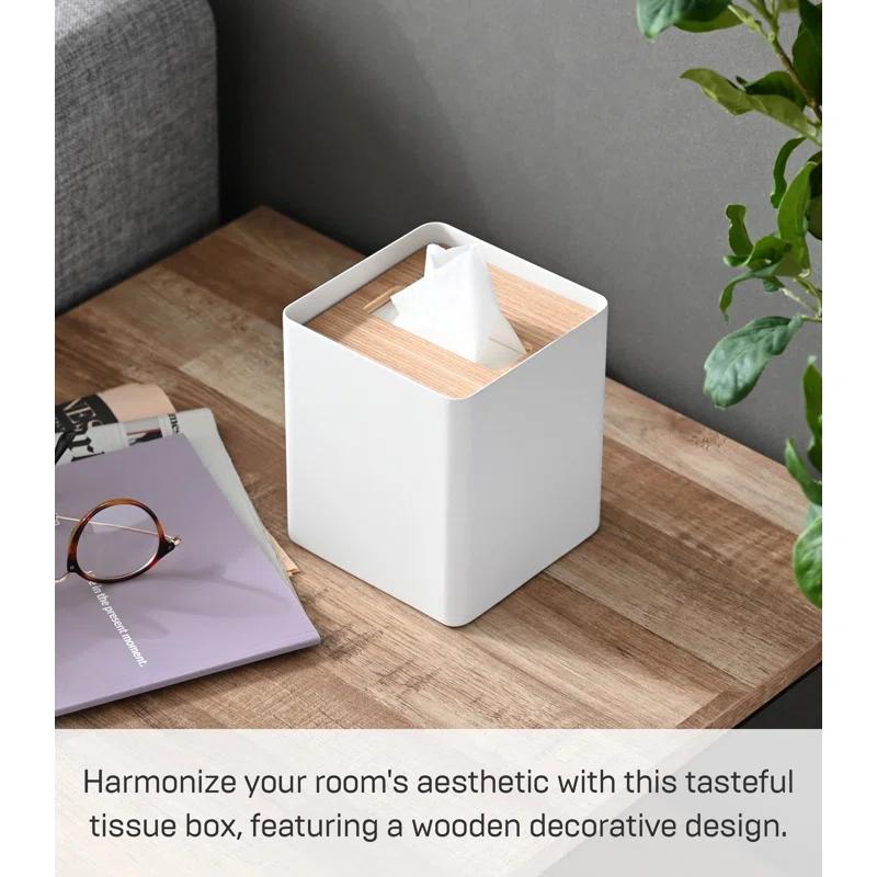Yamazaki Home Yamazaki Home Square Reusable Tissue Box Cover Metal Container Case With Natural Wooden Lid,, Steel