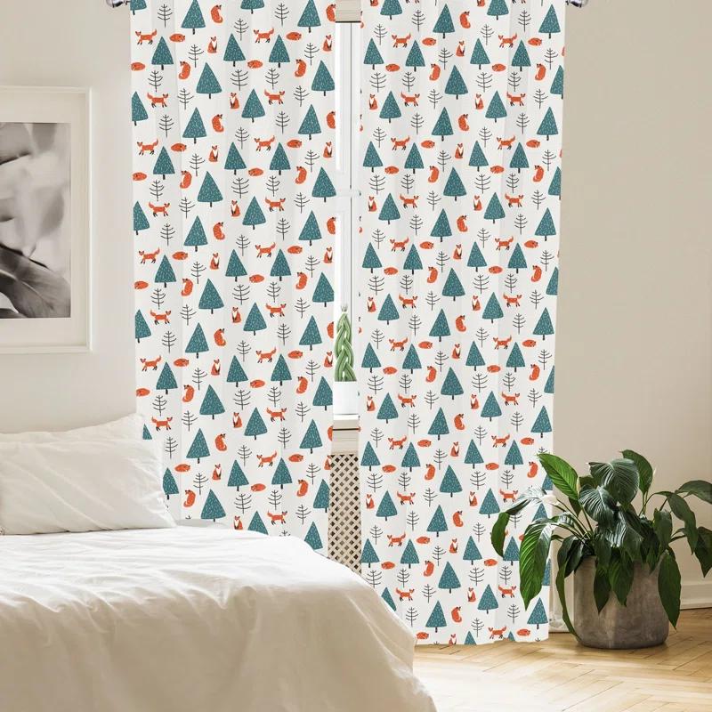 Ambesonne Ambesonne Fox 2 Panel Curtain Set, Orange Foxes In A Snowy Winter Forest Animals Of Cold Climates Cartoon, Lightweight Window Treatment Living Room Bedroom Decor, 56" X 63", Teal Orange Black (Set of 2)