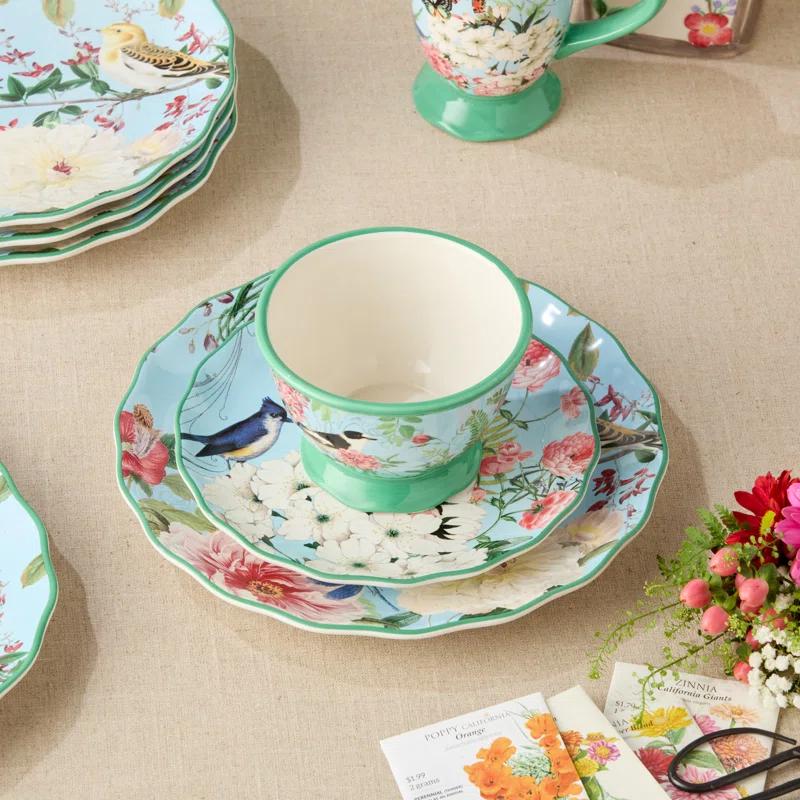 Certified International Flora 16-Piece Dinnerware Set, Service for 4 – Includes Dinner Plates, Dessert Plates, Pedestal Mugs, and Pedestal Ice Cream Bowls with Vibrant Nature-Inspired Floral Designs