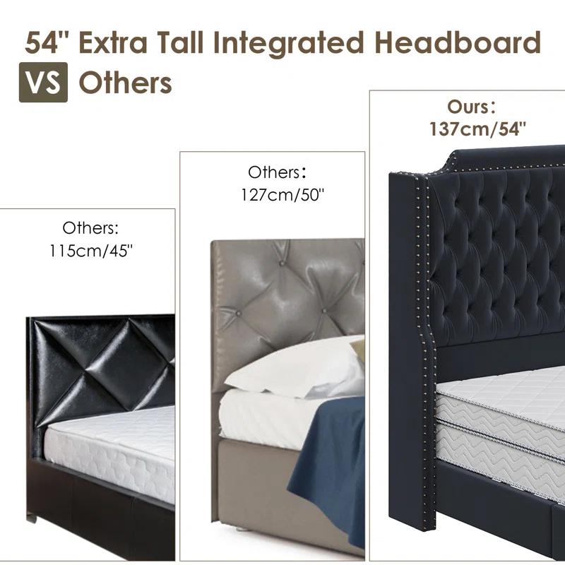Andover Mills™ Kohlmeier Luxury Upholstered Bed, Tall Tufted Wingback Headboard with Nailhead Trim
