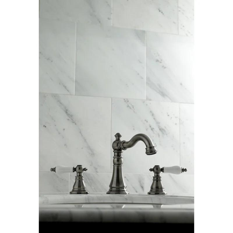 Kingston Brass American Patriot Two-Handle 3-Hole Deck Mount Widespread Bathroom Faucet with Brass Pop-Up Drain