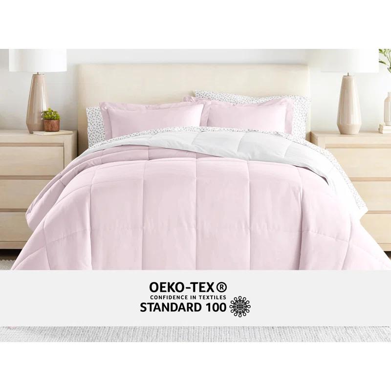 IEnjoy Home 7-Piece Reversible Bedding Bundle - Solid Comforter and Patterned Sheet Set