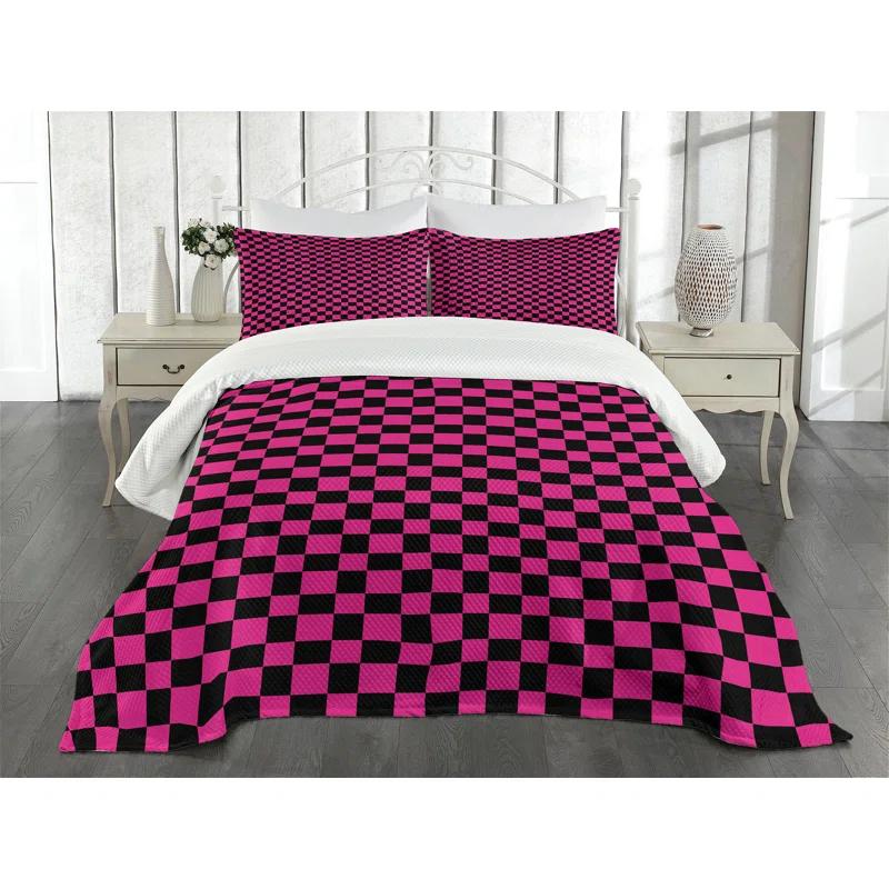 Ambesonne Ambesonne Hot Pink Bedspread Set Gingham Checks Vibrant Magenta Black