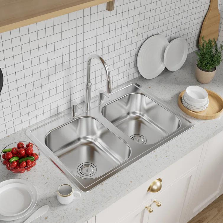 KDK HOME Stainless Steel 33" L x 22" W Drop In/Top Mount Kitchen Sink Double Bowl Stainless Steel Sink KH-3322T