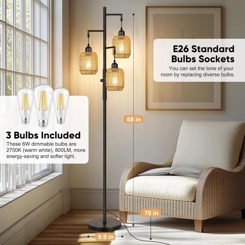 Breakwater Bay Dimmable Boho Floor Lamp - 3 Light Farmhouse Rattan Floor Lamp For Living Room, Industrial Tree Floor Lamps With 3 X 6W LED Bulbs, Rustic Standing Tall Lamp For Bedroom, 68", Black + Gray