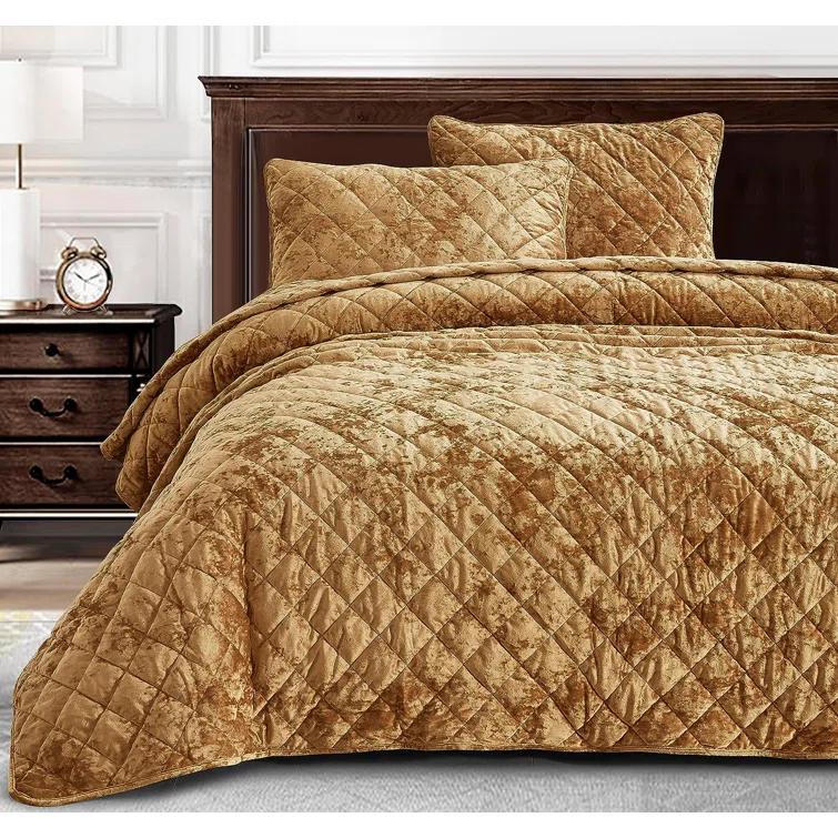 Chezmoi Collection Diamond Stitch Reversible Plush Distressed Velvet Quilt Set