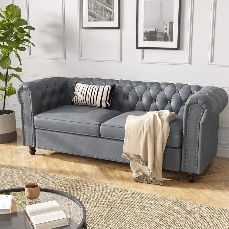 Alcott Hill® 72 Inch Couch Chesterfield Leather Sofa With Wooden Legs