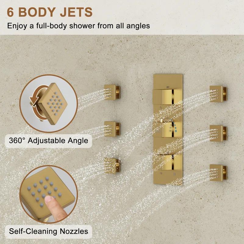 CASAINC Rainfall Symphony 16inch Dual Shower Head Rainfall Thermostatic Shower System with 16-inch Slide Bar and Body spray KCHS0019-16BG