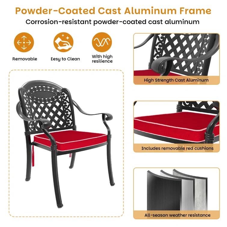 MIRROR FLY 58.27"L 34.65"W Rectangular Table Cast Aluminum Outdoor Dining Set with Umbrella Hole and Red Cushions