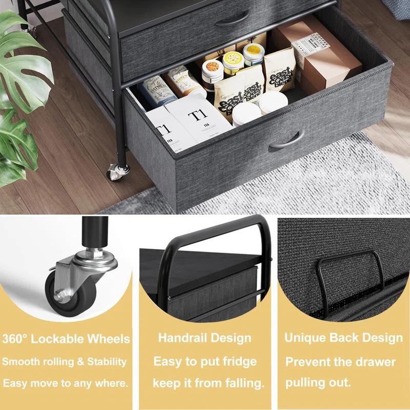 Hokku Designs 2 Drawer Dresser, 120LBS Fabric Storage Tower, 2 Drawer Storage Cart, Mini Fridge Stand With Storage, Metal Frame Iron Top