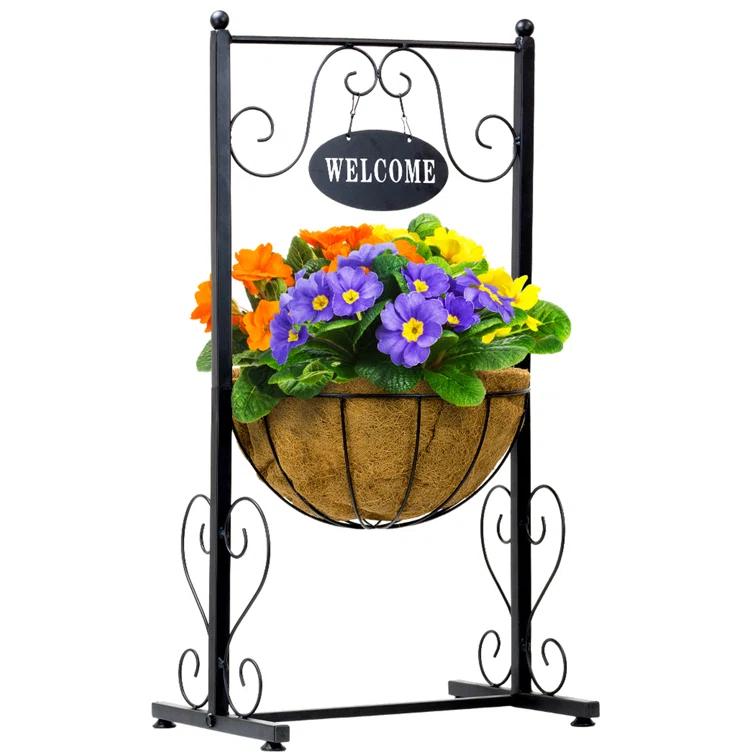 Sorbus Sorbus Welcome Sign Metal Planter Basket Stand in Black Metal