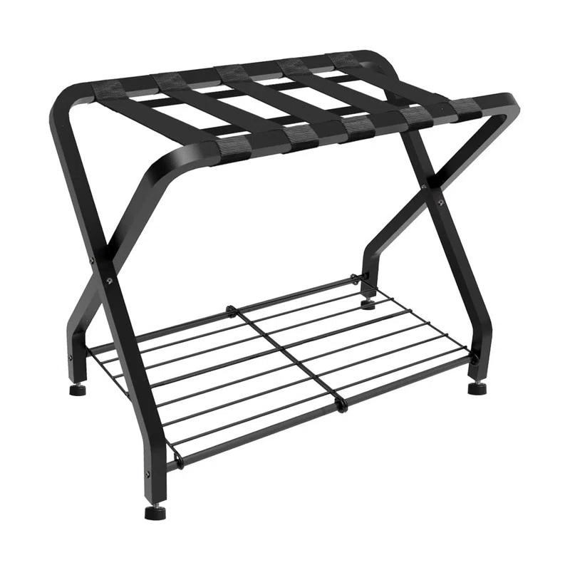 BINO Folding Luggage Rack With 2-Tiers Storage Shelf, Foldable Steel Frame Luggage Organizers For Suitcase, Metal Luggage Holder For Guest Room, Bedroom, Hotel, Closet, Black, 1Pack