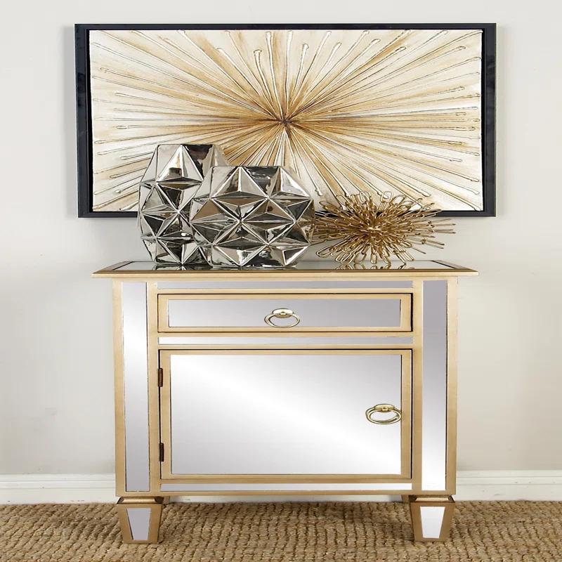 Mercer41 Alpena Glass Mirrored 1 Drawer and 1 Door Beige Cabinet