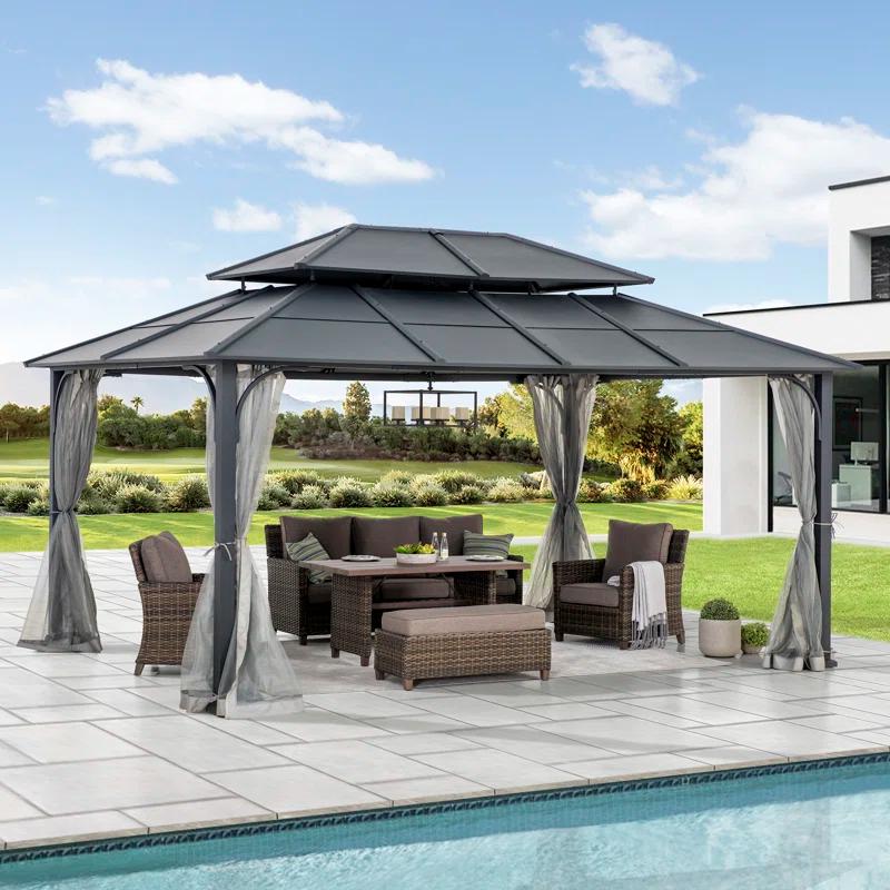 Sunjoy Sunjoy Hardtop Gazebo 12 x 16 ft. Outdoor Gazebo, Heavy Duty Steel Frame Gazebo, Double Tiered Metal Gazebo with Ceiling Hook and Removable Netting Sidewalls