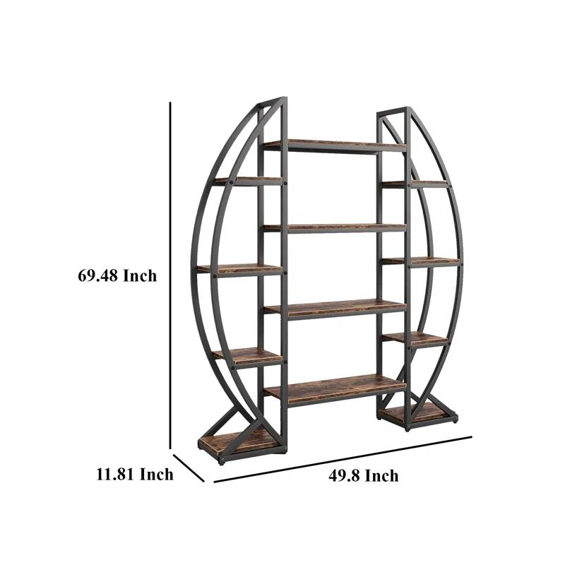Benjara Oval Bookshelf, 12 Brown Wood Shelves, 5 Tier Black Frame, 69 Inch