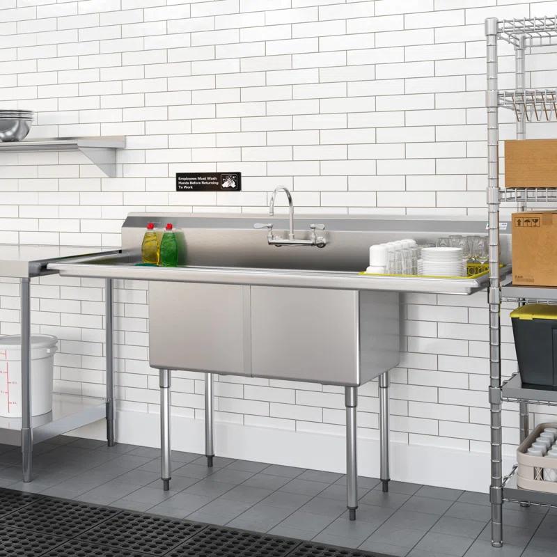 72 in. 16-Gauge Commercial Sink with Backsplash and Dual 18 in. Drainboards, Bowl Dimensions 18"x18"x14" in Stainless-Steel (KM-SB181814-18B316)