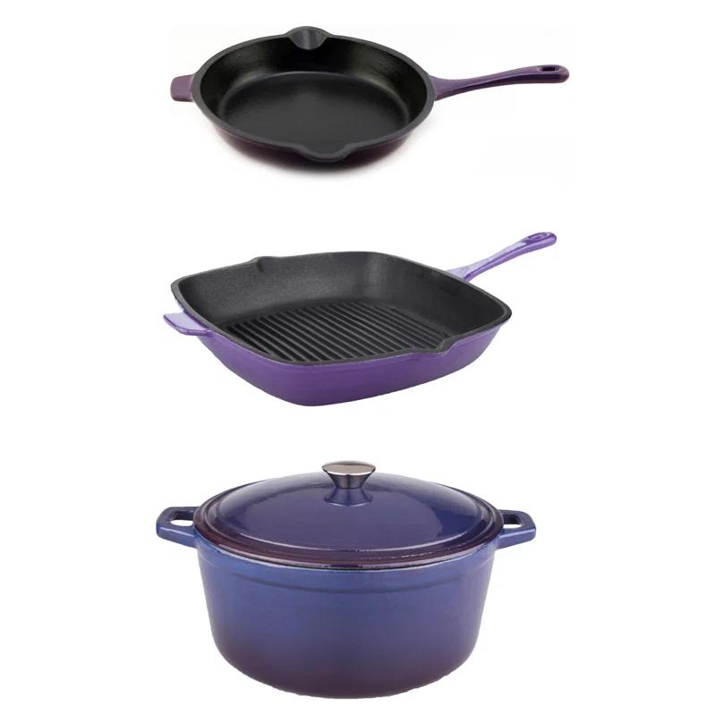 BergHOFF BergHOFF Neo 4 Pc Cast Iron Cookware Set with Fry Pan, Grill Pan, and 5Qt. Covered Dutch Oven