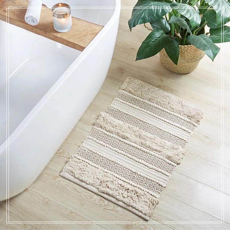 Ink+Ivy, JLA Home 22"x58" Asher Woven Textured Striped Bath Rug Natural : Microfiber, Machine Washable, Non-Slip Backing