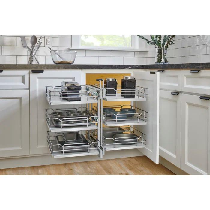 Rev-A-Shelf Steel 3-Tier Pullout Solid Bottom Organizer For Blind Corner Cabinets W/ Soft-Close