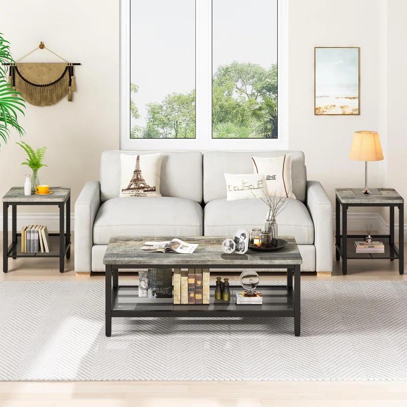 17 Stories Industrial Metal Frame  3 - Piece Living Room Table Set With Two Side Table