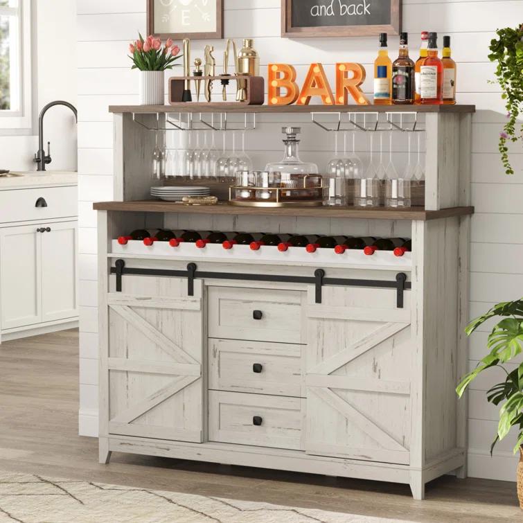 Gracie Oaks Farmhouse Wine Bar Cabinet With Sliding Bar Door And Led Lights, Sideboard With 2 Layers Tabletops, Wine And Glass Racks, 2 Storage Cabinets With Adjustable Shelf, 3 Drawers, Rustic White