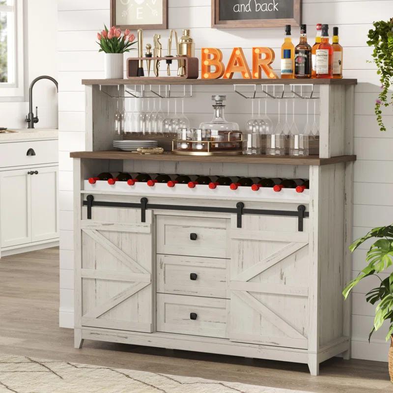 Gracie Oaks Farmhouse Wine Bar Cabinet With Sliding Bar Door And Led Lights, Sideboard With 2 Layers Tabletops, Wine And Glass Racks, 2 Storage Cabinets With Adjustable Shelf, 3 Drawers, Rustic White
