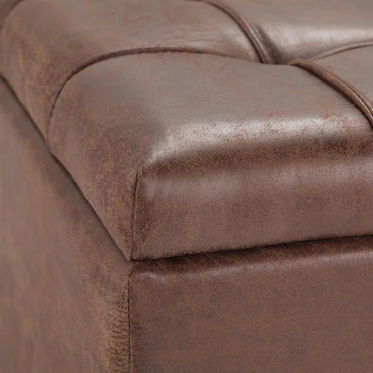 Simpli Home Harrison 36"W Upholstered Square Coffee Table Storage Ottoman with Split Lift Top