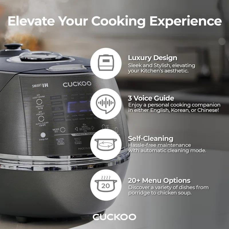 CUCKOO 6-Cup Induction Heating Pressure Rice Cooker with Nonstick Inner Pot, 21 Menu Modes, Fuzzy Logic Tech, 3 Voice Guide, Auto Clean (Dark Grey) CRP-DHSR0609FD