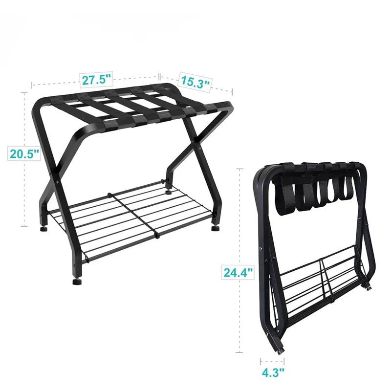 BINO Folding Luggage Rack With 2-Tiers Storage Shelf, Foldable Steel Frame Luggage Organizers For Suitcase, Metal Luggage Holder For Guest Room, Bedroom, Hotel, Closet, Black, 1Pack