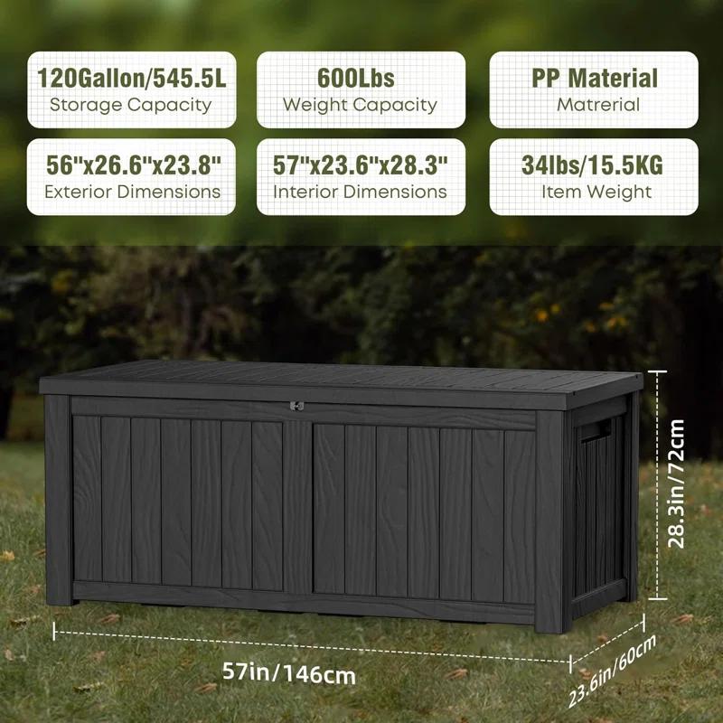 Hokku Designs Waterproof 120 Gallon Large Outdoor Indoor Patio Storage Deck Box , Outside Storage Bin for Cushion Pillows, Towels, Garden Tools