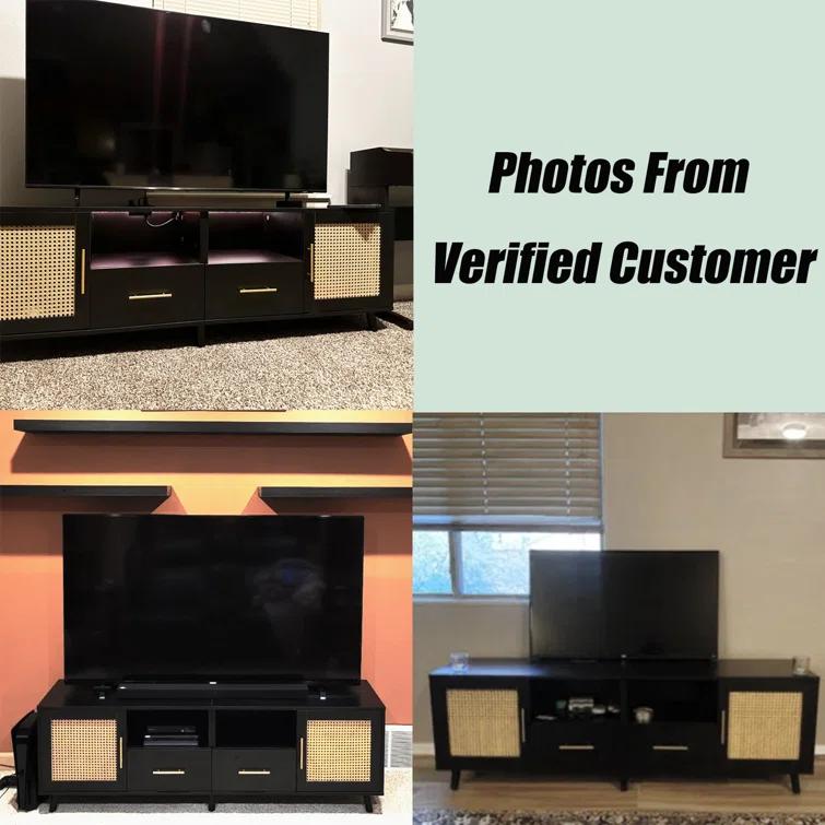 Bay Isle Home™ Heyer Large Wood Rattan TV Stand for TVs up to 75" with LED Light and Charging Station, Coastal Media Console Table, Multimedia Storage Furniture with 2 Drawers, Lighting TV Cabinet