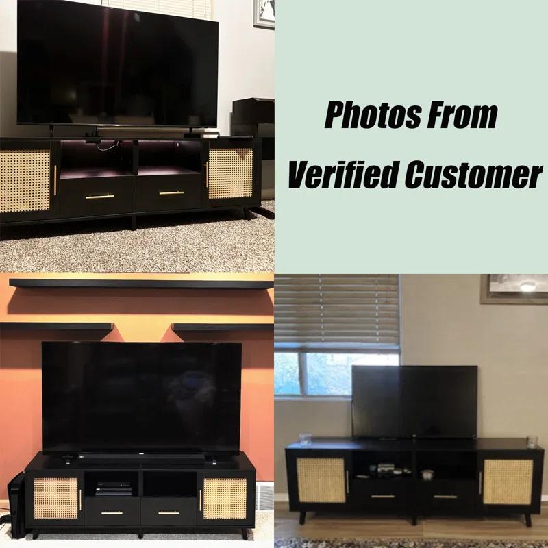 Bay Isle Home™ Heyer Large Wood Rattan TV Stand for TVs up to 75" with LED Light and Charging Station, Coastal Media Console Table, Multimedia Storage Furniture with 2 Drawers, Lighting TV Cabinet