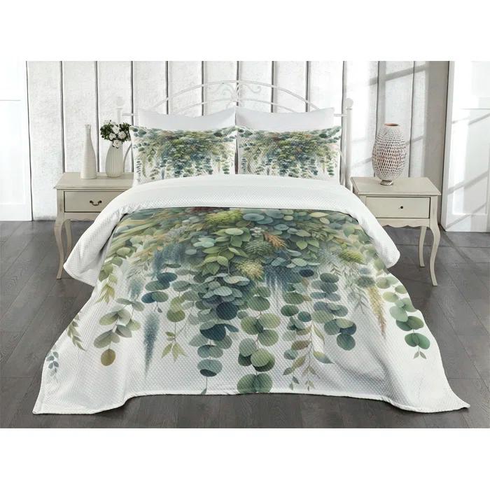 Ambesonne Ambesonne Eucalyptus Bedspread Set Botanical Watercolor Laurel Green Slate Blue