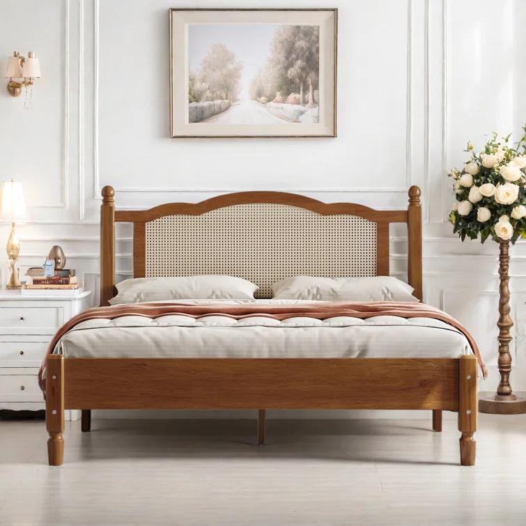 Velvetvanguards Bohemian Wooden Platform Bed With Natural Rattan Headboard And Arc Design
