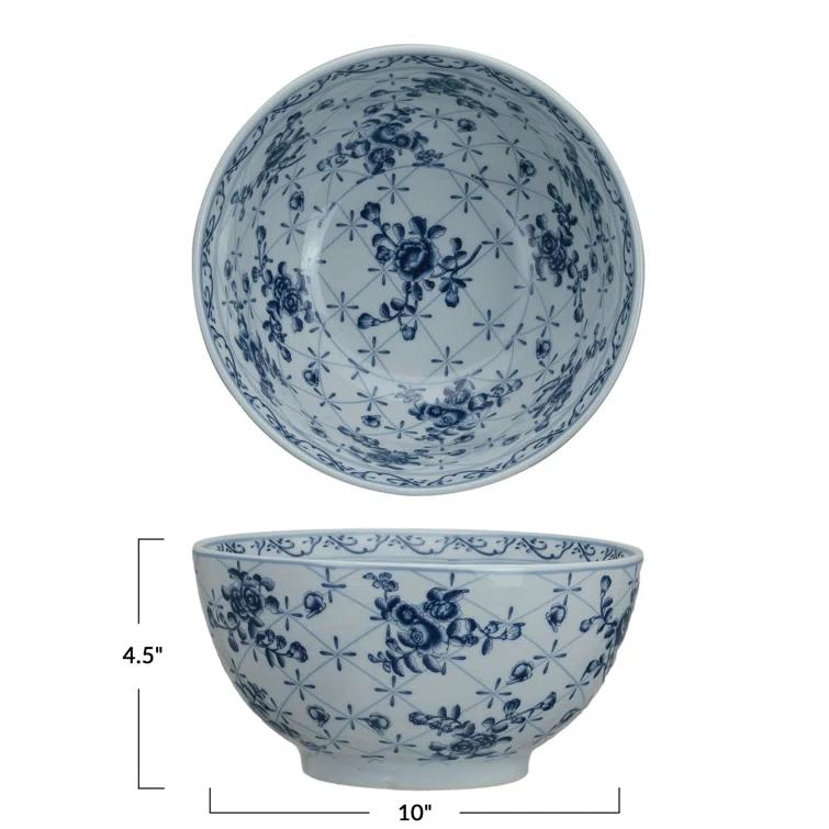 Creative Co-Op Floral Elegance Porcelain Bowl, Blue and White
