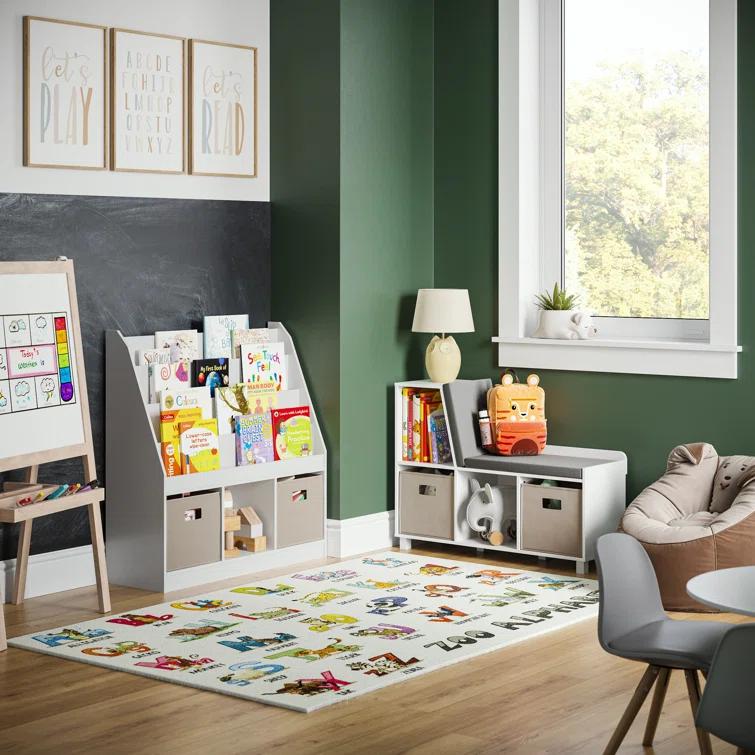 RiverRidge Home RiverRidge Kids Reading Book Nook Cushioned Toy Storage Bench with Cubby Organizers and 2 Fabric Bins- White