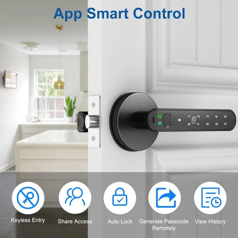 Smart Fingerprint Door Lock: Fingerprint Door Handle-Biometric 5 In 1 Fingerprint Door Lock-Bedroom Smart Door Handle-APP Control-Easy To Install-Round Black-1 Pack