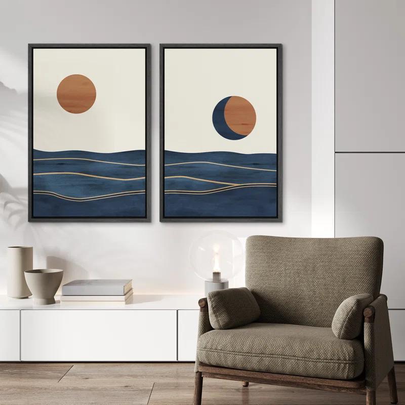 Sun And Moon " Abstract Sun Over Blue Watercolor Ocean Waves Modern Minimalist Landscape " 2 - Pieces