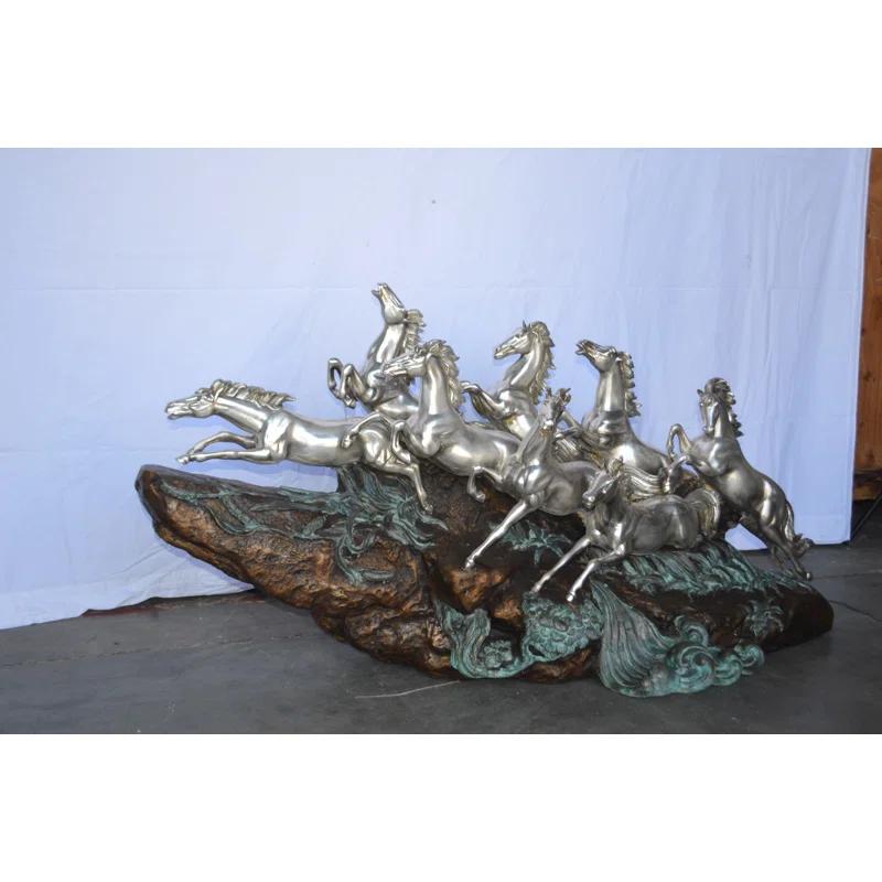 Nifao Statues Eight Horses Running Bronze Statue Silver Finish -  Size: 59"L X 20"W X 28"H.