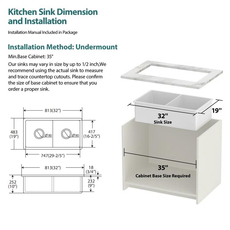 Sarlai 32'' L x 19" W White Ceramic 50/50 Double Basin Drop-In/Undermount Kitchen Sink with Sink Grids S-CSU3219-55
